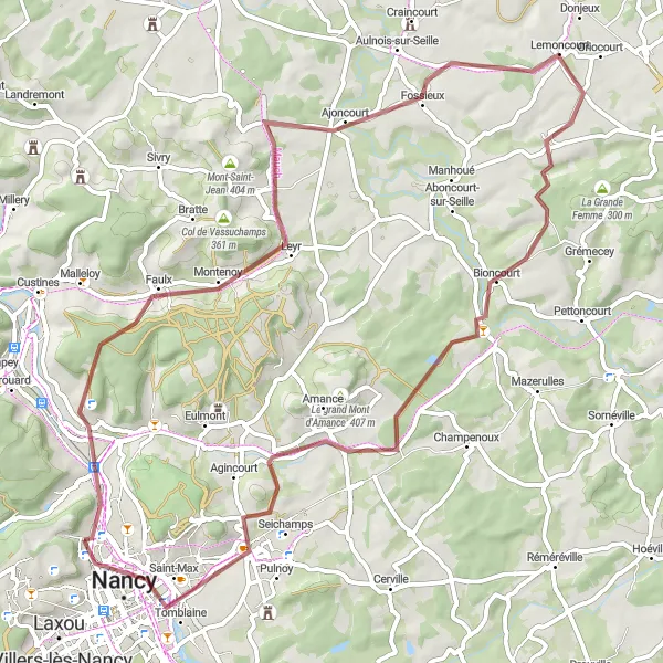 Map miniature of "Gravel Route to Champigneulles and Montenoy" cycling inspiration in Lorraine, France. Generated by Tarmacs.app cycling route planner