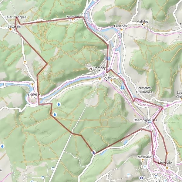 Map miniature of "Scenic Gravel Ride to Saizerais and Bouxières-aux-Dames" cycling inspiration in Lorraine, France. Generated by Tarmacs.app cycling route planner