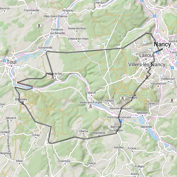 Miniature de la carte de l'inspiration cycliste "Les Chemins de la Moselle" dans la Lorraine, France. Générée par le planificateur d'itinéraire cycliste Tarmacs.app