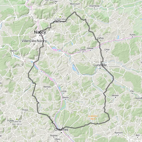 Map miniature of "Road Route to Dommartemont and Col Sainte-Genevière" cycling inspiration in Lorraine, France. Generated by Tarmacs.app cycling route planner