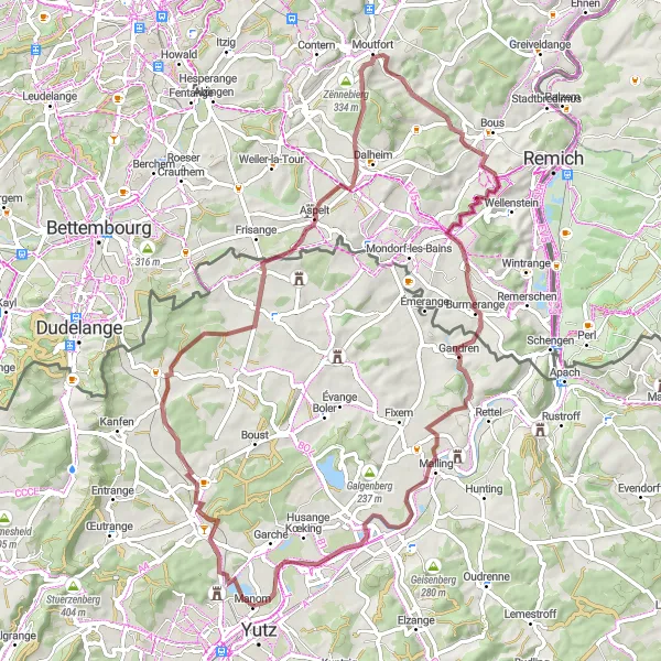 Miniature de la carte de l'inspiration cycliste "Boucle de la Moselle luxembourgeoise" dans la Lorraine, France. Générée par le planificateur d'itinéraire cycliste Tarmacs.app