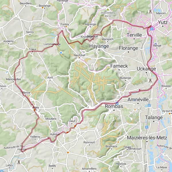 Map miniature of "The Industrial Heritage" cycling inspiration in Lorraine, France. Generated by Tarmacs.app cycling route planner