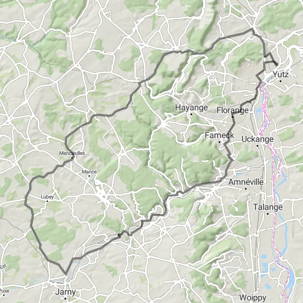 Map miniature of "Florange Round-trip Cycling Route" cycling inspiration in Lorraine, France. Generated by Tarmacs.app cycling route planner