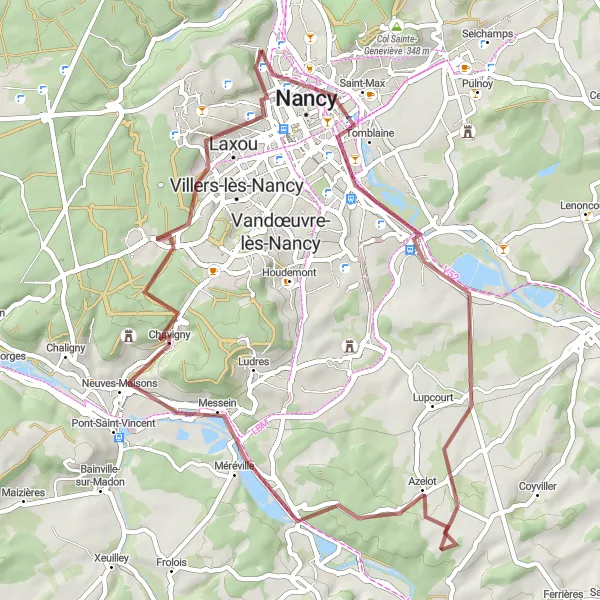 Miniature de la carte de l'inspiration cycliste "Escapade Champêtre de Laxou" dans la Lorraine, France. Générée par le planificateur d'itinéraire cycliste Tarmacs.app