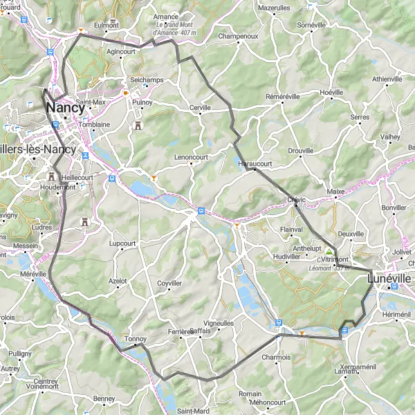 Miniature de la carte de l'inspiration cycliste "La boucle des vallées" dans la Lorraine, France. Générée par le planificateur d'itinéraire cycliste Tarmacs.app