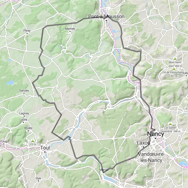 Miniature de la carte de l'inspiration cycliste "La Boucle de Nancy" dans la Lorraine, France. Générée par le planificateur d'itinéraire cycliste Tarmacs.app