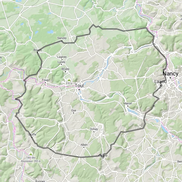 Miniature de la carte de l'inspiration cycliste "Randonnée Historique de Nancy à Pagny-sur-Meuse" dans la Lorraine, France. Générée par le planificateur d'itinéraire cycliste Tarmacs.app