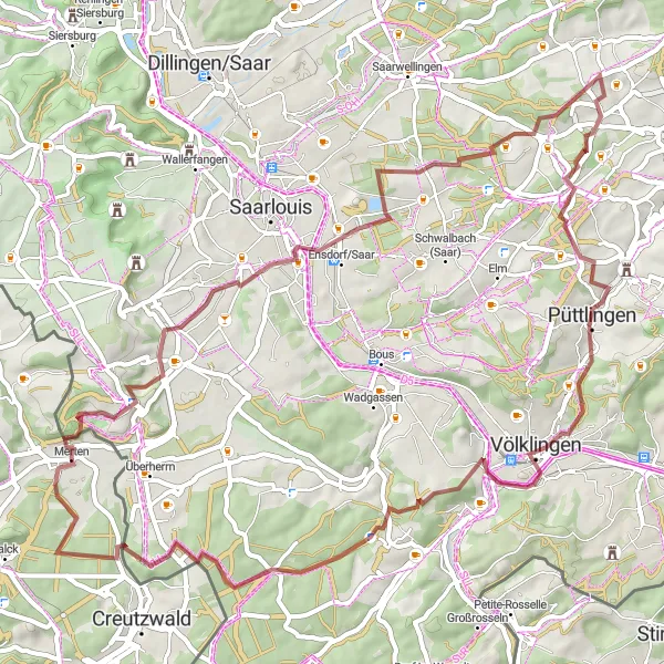 Miniature de la carte de l'inspiration cycliste "Parcours Gravel à travers la Sarre" dans la Lorraine, France. Générée par le planificateur d'itinéraire cycliste Tarmacs.app