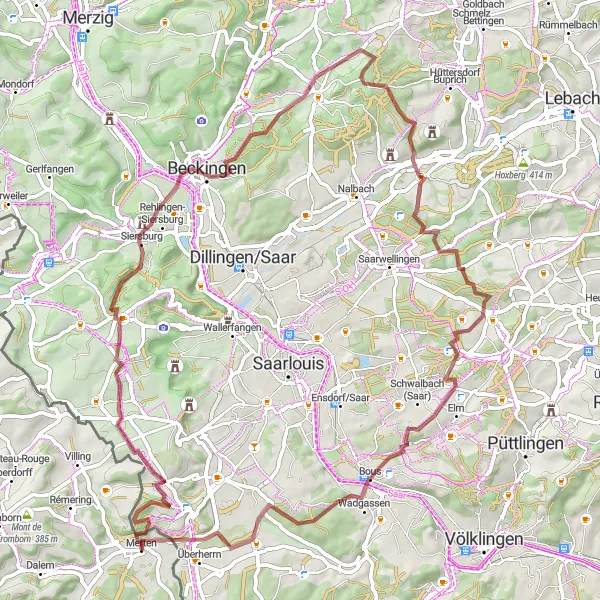 Miniature de la carte de l'inspiration cycliste "Parcours gravel de Sauberg à Überherrn" dans la Lorraine, France. Générée par le planificateur d'itinéraire cycliste Tarmacs.app