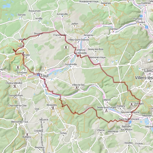 Map miniature of "Challenging Gravel Trails of Chavigny" cycling inspiration in Lorraine, France. Generated by Tarmacs.app cycling route planner