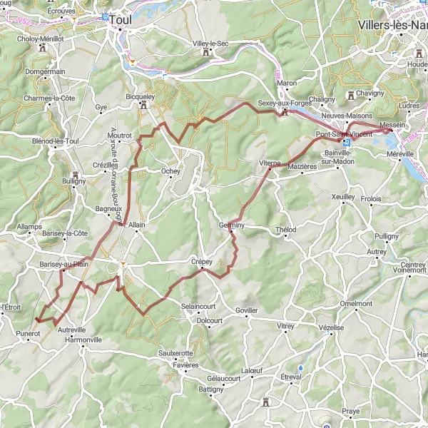 Map miniature of "Around Viterne and Messein" cycling inspiration in Lorraine, France. Generated by Tarmacs.app cycling route planner