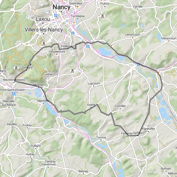 Map miniature of "The Heillecourt Loop" cycling inspiration in Lorraine, France. Generated by Tarmacs.app cycling route planner