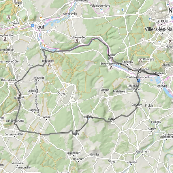 Map miniature of "Serene Roads around Pont-Saint-Vincent" cycling inspiration in Lorraine, France. Generated by Tarmacs.app cycling route planner