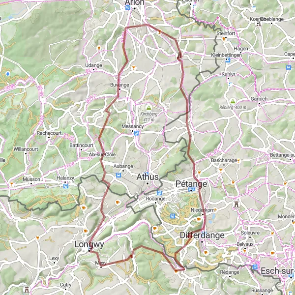 Map miniature of "Gravel Adventure through Wolkrange and Mexy" cycling inspiration in Lorraine, France. Generated by Tarmacs.app cycling route planner