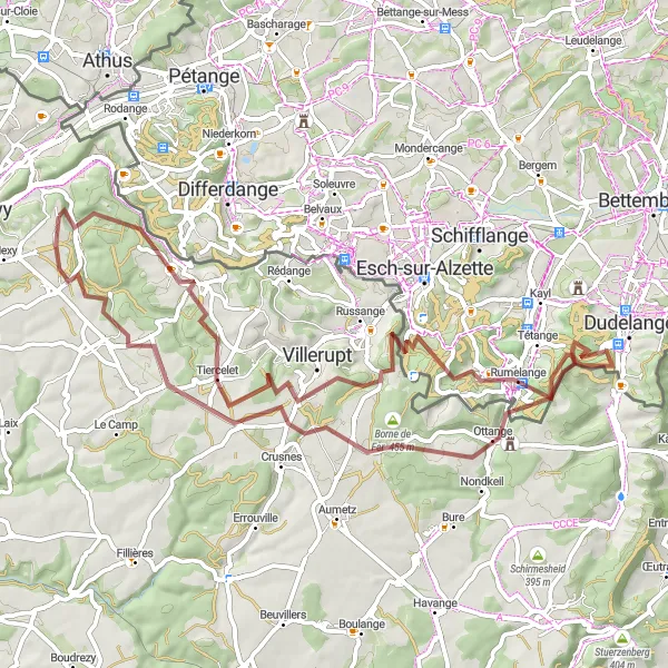 Map miniature of "Challenging Gravel Adventure encompassing Villerupt, Hussigny-Godbrange and Haucourt-Moulaine" cycling inspiration in Lorraine, France. Generated by Tarmacs.app cycling route planner