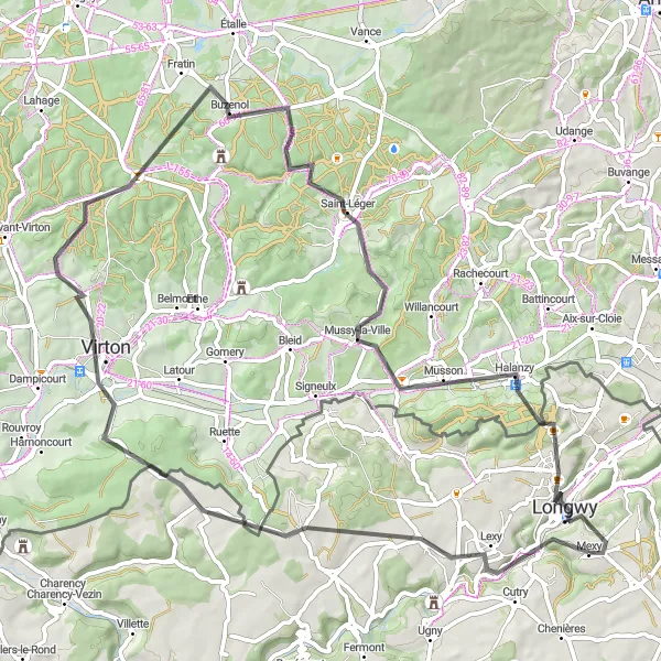 Miniature de la carte de l'inspiration cycliste "Les collines de Longwy" dans la Lorraine, France. Générée par le planificateur d'itinéraire cycliste Tarmacs.app