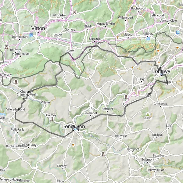 Map miniature of "Scenic Countryside Ride" cycling inspiration in Lorraine, France. Generated by Tarmacs.app cycling route planner
