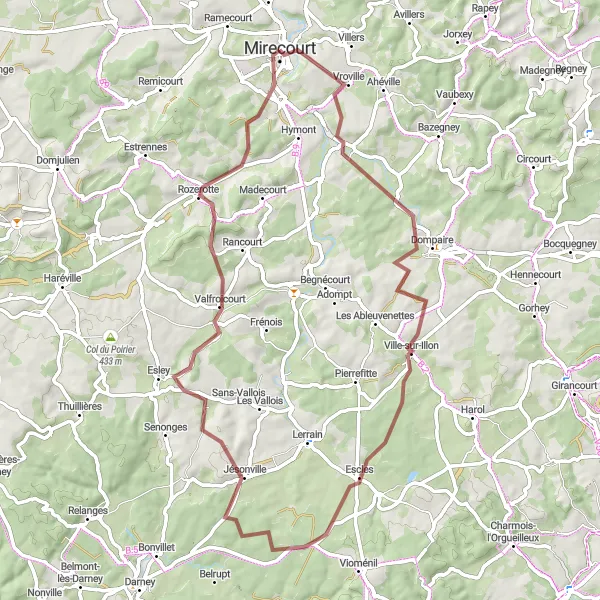 Miniature de la carte de l'inspiration cycliste "Boucle de Vroville" dans la Lorraine, France. Générée par le planificateur d'itinéraire cycliste Tarmacs.app