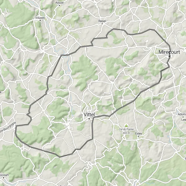 Map miniature of "Mirecourt Loop - Through Charming Villages and Picturesque Countryside" cycling inspiration in Lorraine, France. Generated by Tarmacs.app cycling route planner