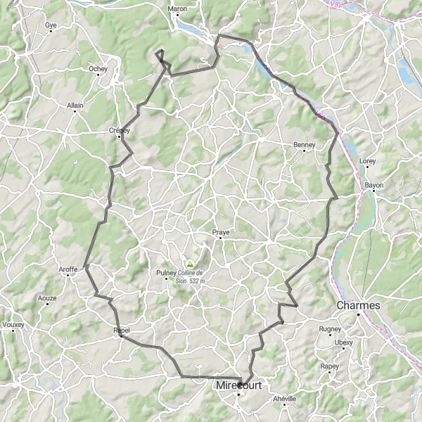 Map miniature of "Road Cycling: Mirecourt and Beyond" cycling inspiration in Lorraine, France. Generated by Tarmacs.app cycling route planner