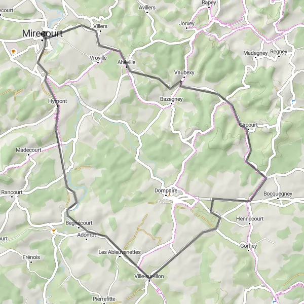 Map miniature of "Scenic Road Ride: Ahéville and Beyond" cycling inspiration in Lorraine, France. Generated by Tarmacs.app cycling route planner