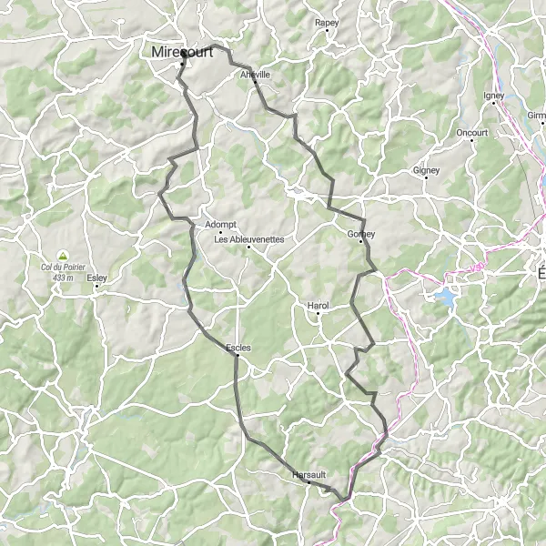 Miniature de la carte de l'inspiration cycliste "Le Tour des Bois" dans la Lorraine, France. Générée par le planificateur d'itinéraire cycliste Tarmacs.app