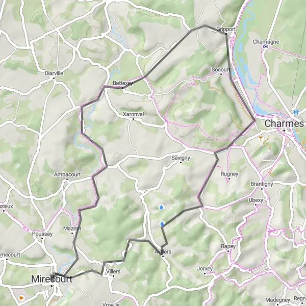 Map miniature of "The Vosges Delight" cycling inspiration in Lorraine, France. Generated by Tarmacs.app cycling route planner