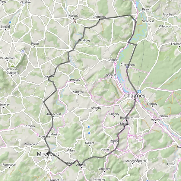 Map miniature of "The River Path" cycling inspiration in Lorraine, France. Generated by Tarmacs.app cycling route planner