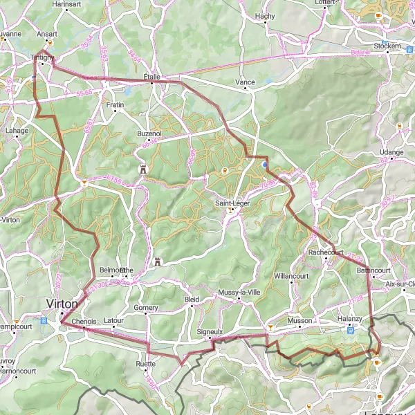 Miniature de la carte de l'inspiration cycliste "Boucle de Ville-Houdlémont et Étalle" dans la Lorraine, France. Générée par le planificateur d'itinéraire cycliste Tarmacs.app