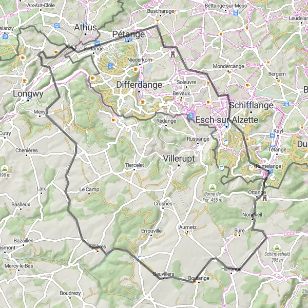 Map miniature of "Rodange and Longlaville Loop" cycling inspiration in Lorraine, France. Generated by Tarmacs.app cycling route planner