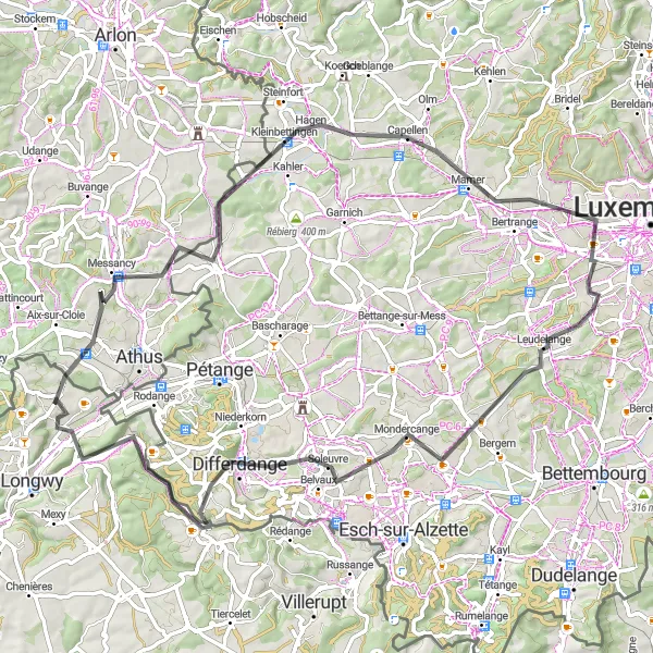 Map miniature of "Road to Luxembourg" cycling inspiration in Lorraine, France. Generated by Tarmacs.app cycling route planner