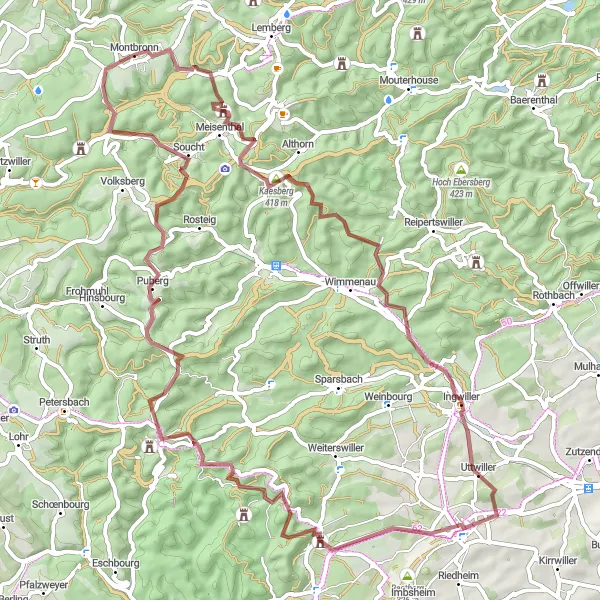 Miniature de la carte de l'inspiration cycliste "Exploration des sentiers gravel autour de Montbronn" dans la Lorraine, France. Générée par le planificateur d'itinéraire cycliste Tarmacs.app