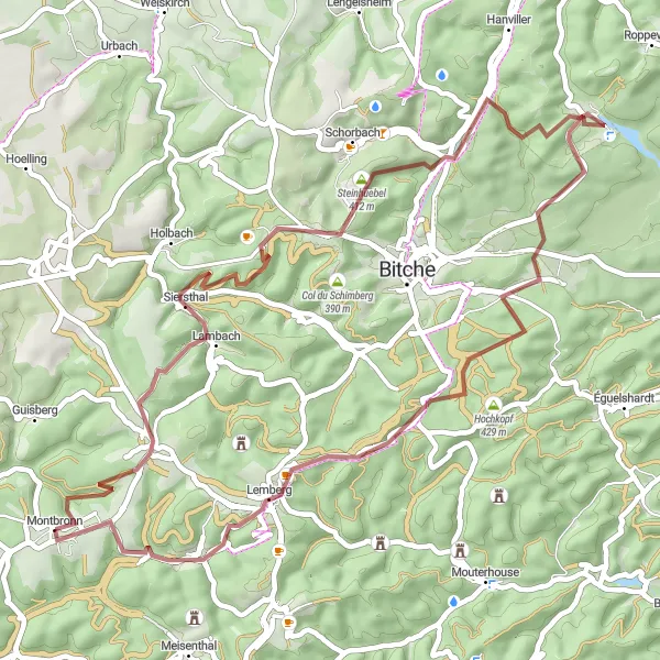 Miniature de la carte de l'inspiration cycliste "Circuit de Haspelschiedt en Gravel" dans la Lorraine, France. Générée par le planificateur d'itinéraire cycliste Tarmacs.app