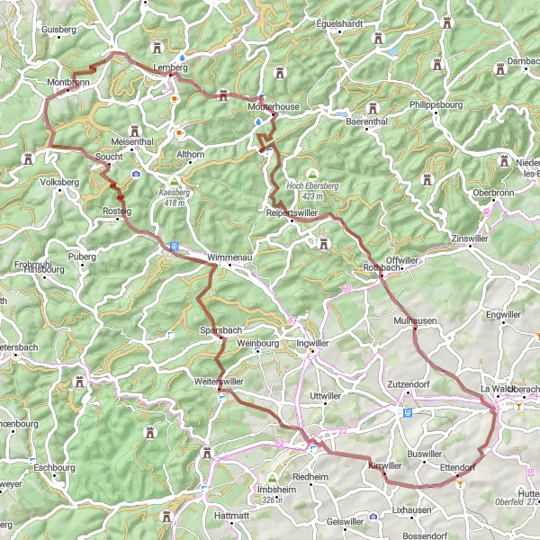 Map miniature of "Mouterhouse and Ettendorf Gravel Ride" cycling inspiration in Lorraine, France. Generated by Tarmacs.app cycling route planner