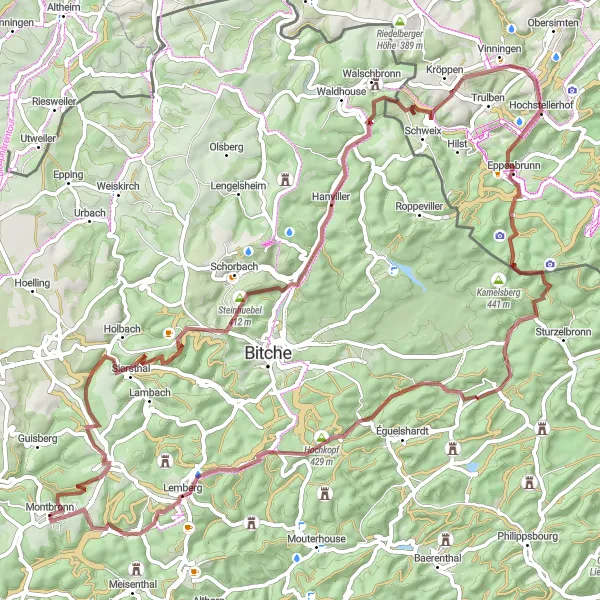 Miniature de la carte de l'inspiration cycliste "Les collines de Lorraine" dans la Lorraine, France. Générée par le planificateur d'itinéraire cycliste Tarmacs.app