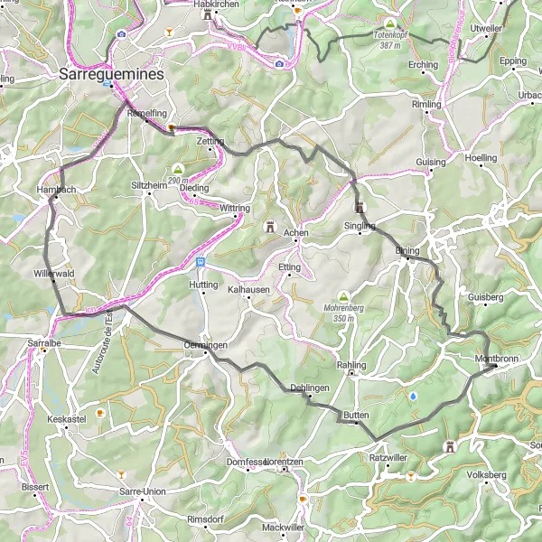 Map miniature of "Butten and Steinberg Loop" cycling inspiration in Lorraine, France. Generated by Tarmacs.app cycling route planner