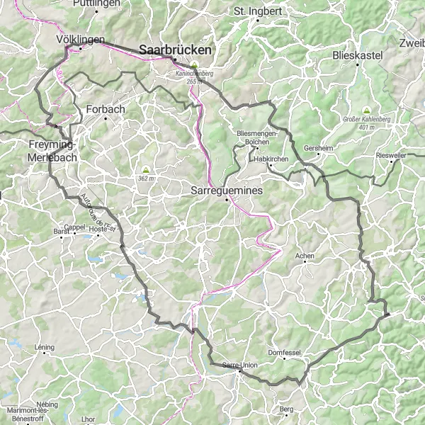 Miniature de la carte de l'inspiration cycliste "Tour des Collines Vosgiennes en Route" dans la Lorraine, France. Générée par le planificateur d'itinéraire cycliste Tarmacs.app