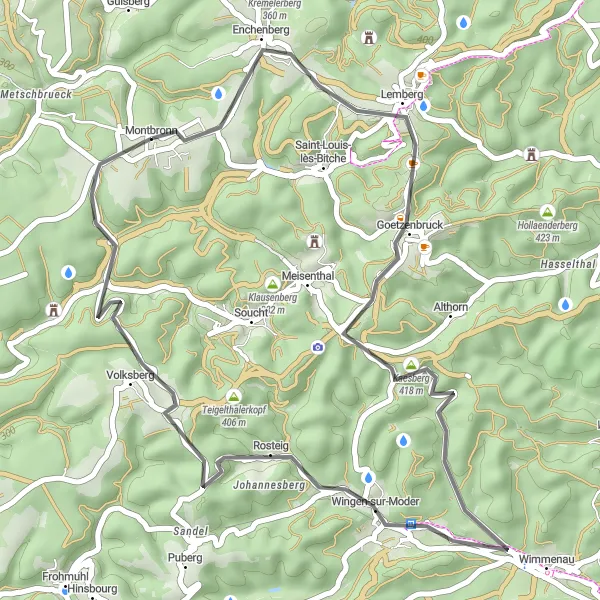Map miniature of "Serene Road Cycling Tour near Montbronn" cycling inspiration in Lorraine, France. Generated by Tarmacs.app cycling route planner