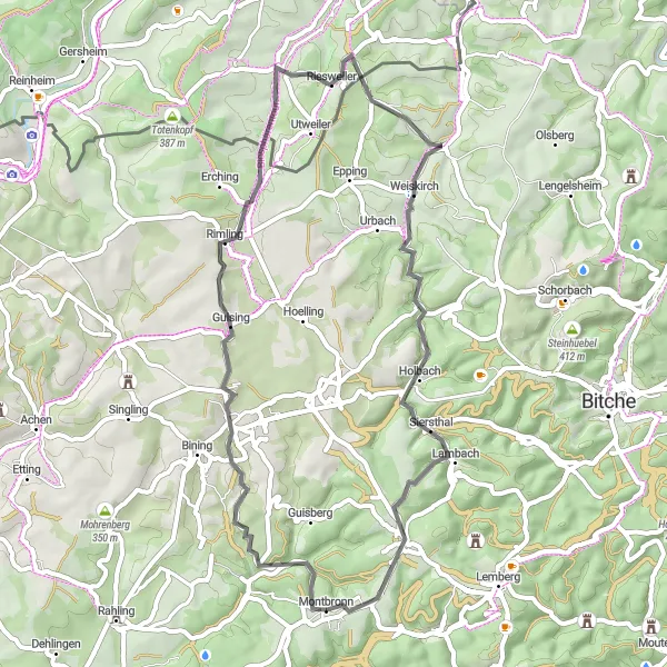 Miniature de la carte de l'inspiration cycliste "Boucle de Montbronn à travers les collines lorraines" dans la Lorraine, France. Générée par le planificateur d'itinéraire cycliste Tarmacs.app