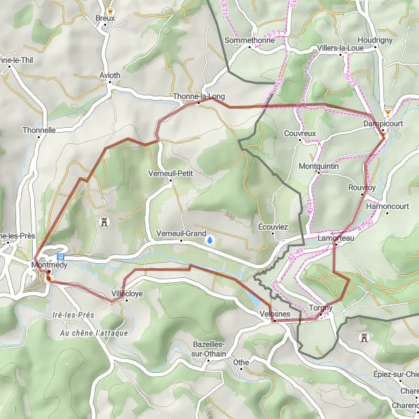 Map miniature of "Thonne-la-Long Gravel Loop" cycling inspiration in Lorraine, France. Generated by Tarmacs.app cycling route planner