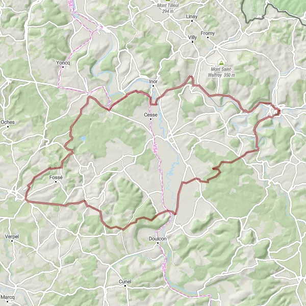 Map miniature of "Scenic Route to Beaumont-en-Argonne" cycling inspiration in Lorraine, France. Generated by Tarmacs.app cycling route planner