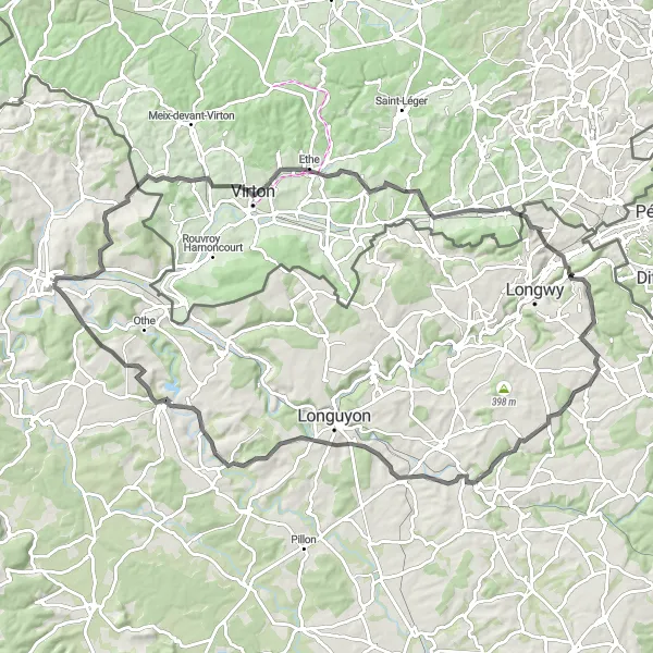 Map miniature of "Villers-la-Loue Road Loop" cycling inspiration in Lorraine, France. Generated by Tarmacs.app cycling route planner