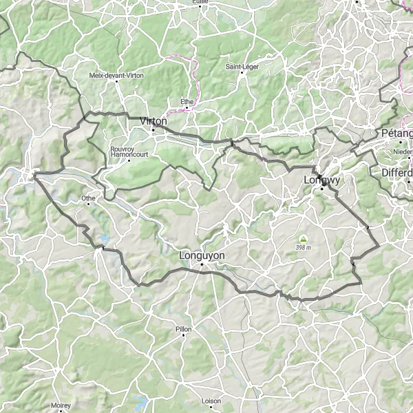 Miniature de la carte de l'inspiration cycliste "Le Tour de Villers-la-Loue" dans la Lorraine, France. Générée par le planificateur d'itinéraire cycliste Tarmacs.app