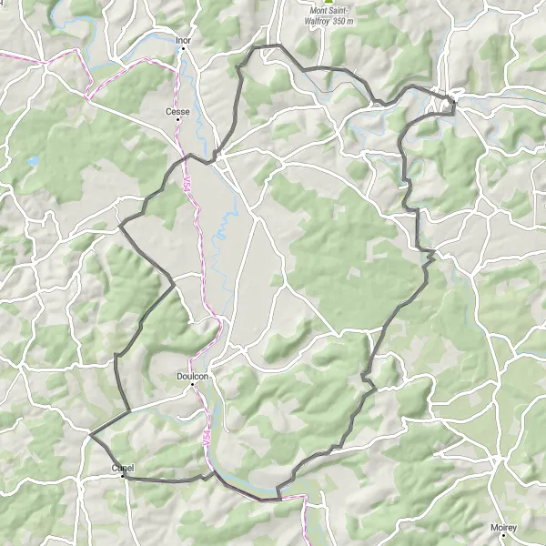 Miniature de la carte de l'inspiration cycliste "Les chemins de Meuse en road bike" dans la Lorraine, France. Générée par le planificateur d'itinéraire cycliste Tarmacs.app