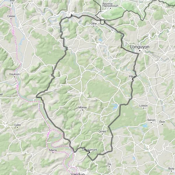 Map miniature of "Montmédy Historical Road Trip" cycling inspiration in Lorraine, France. Generated by Tarmacs.app cycling route planner