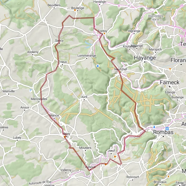 Map miniature of "Gravel Discoveries in Briey and Neufchef" cycling inspiration in Lorraine, France. Generated by Tarmacs.app cycling route planner