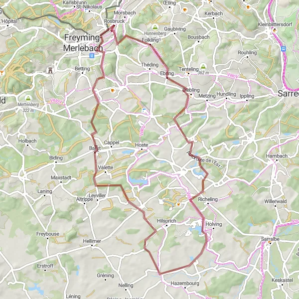 Miniature de la carte de l'inspiration cycliste "Parcours des Collines de Lorraine" dans la Lorraine, France. Générée par le planificateur d'itinéraire cycliste Tarmacs.app