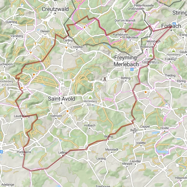 Map miniature of "Gravel Adventure: Morsbach and Surrounding Villages" cycling inspiration in Lorraine, France. Generated by Tarmacs.app cycling route planner