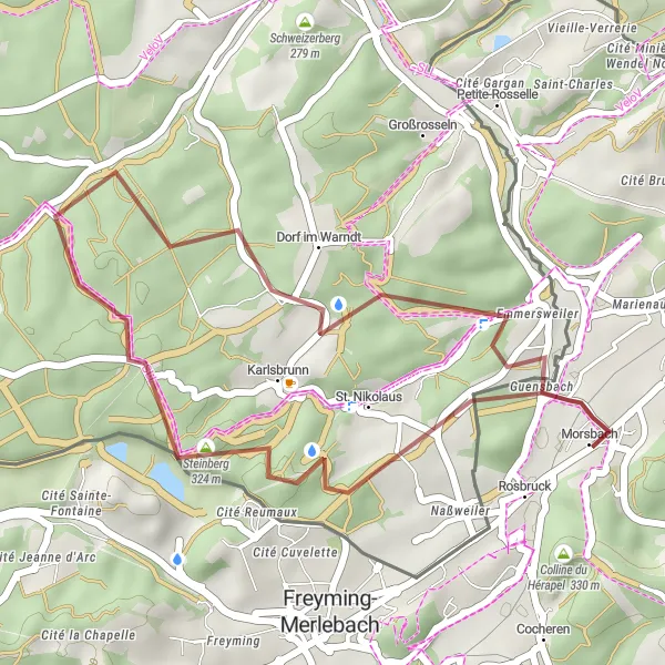 Map miniature of "The Short Gravel Discovery - Morsbach" cycling inspiration in Lorraine, France. Generated by Tarmacs.app cycling route planner
