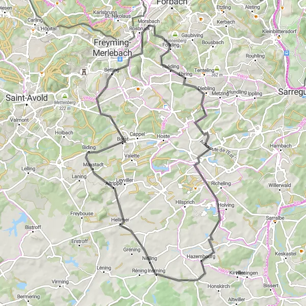 Map miniature of "Countryside Circuit: Discovering the Charm of Morsbach and Beyond" cycling inspiration in Lorraine, France. Generated by Tarmacs.app cycling route planner